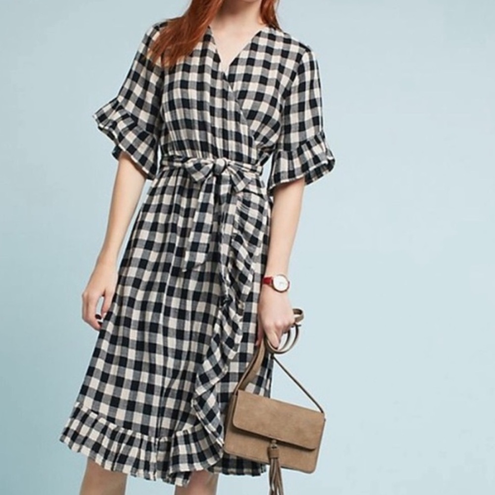 Anthropologie Isabella Sinclair Gingham Check Wrap Dress Ruffle Trim Belt Small